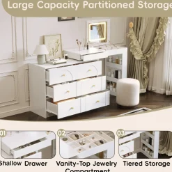 Walker Edison | White Multi-Functional Vanity Desk Dresser Set with Flip Mirror and Lights