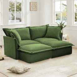 Walker Edison | Wide Deep Seat Slipcovered Loveseat Sofa with 2 Ottomans
