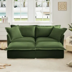 Walker Edison | Wide Deep Seat Slipcovered Loveseat Sofa with 2 Ottomans