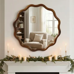 Walnut Color 36-inch Wavy Round Solid Wood Frame Decorative Mirror