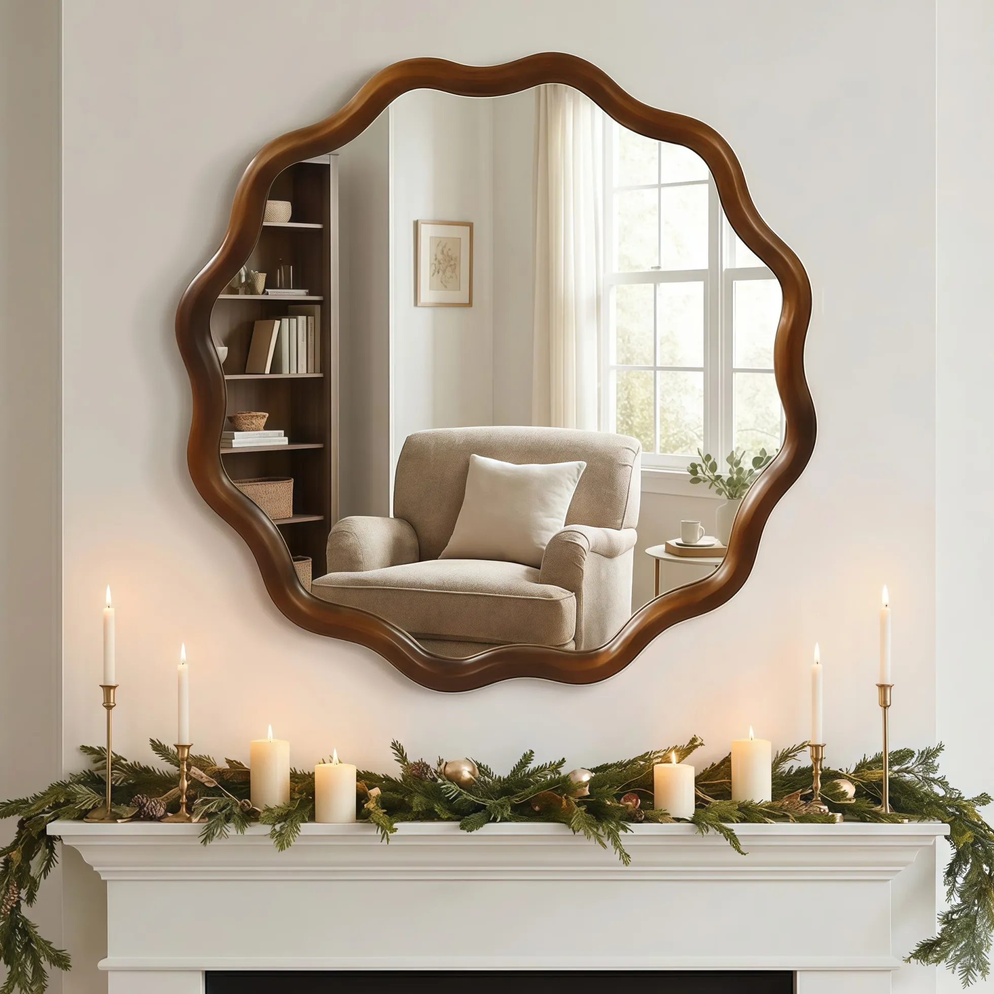 Walnut Color 36-inch Wavy Round Solid Wood Frame Decorative Mirror