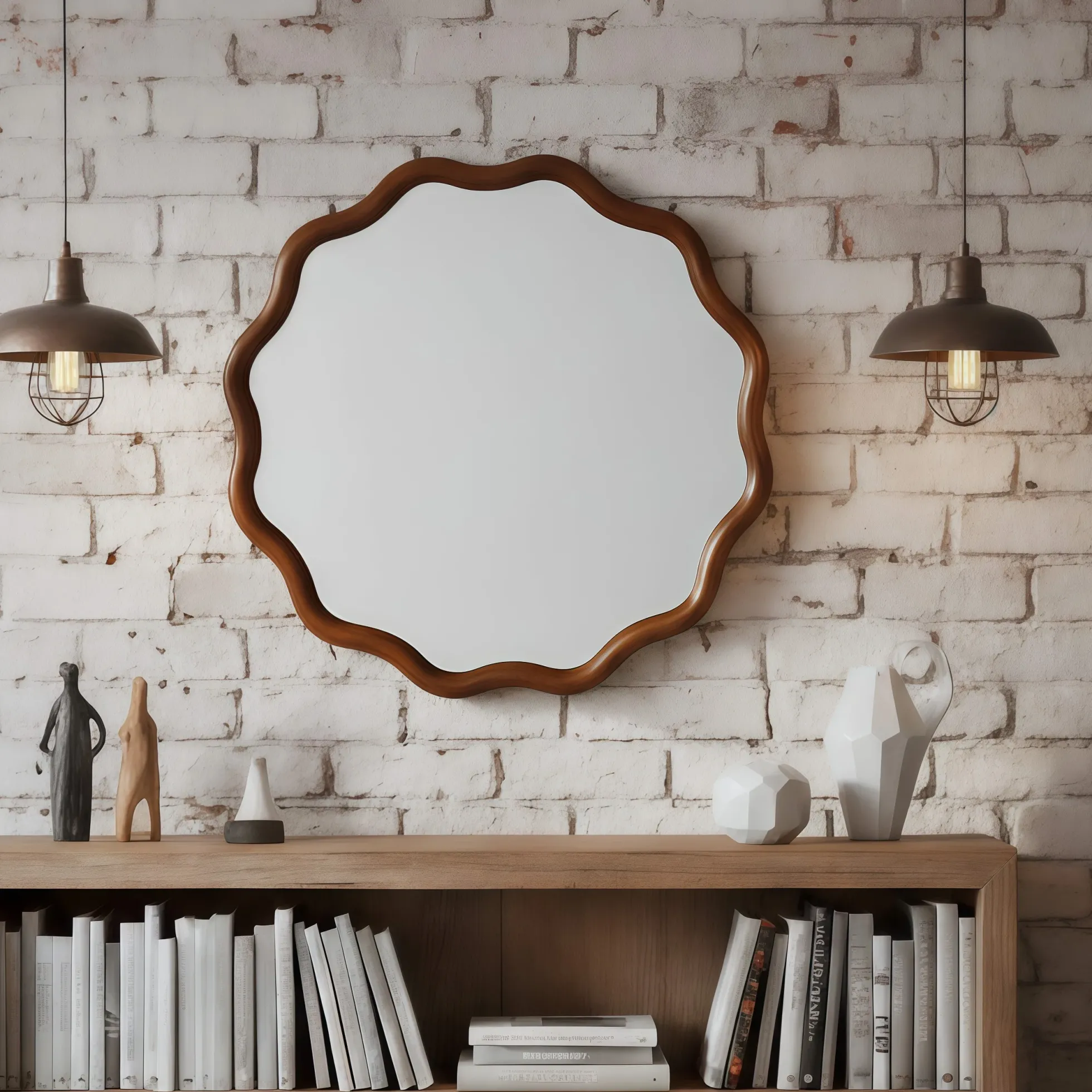Walnut Color 36-inch Wavy Round Solid Wood Frame Decorative Mirror