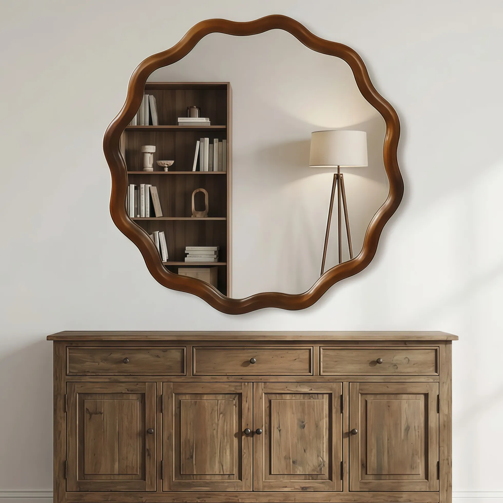 Walnut Color 36-inch Wavy Round Solid Wood Frame Decorative Mirror