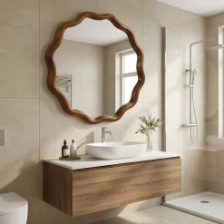 Walnut Color 36-inch Wavy Round Solid Wood Frame Decorative Mirror