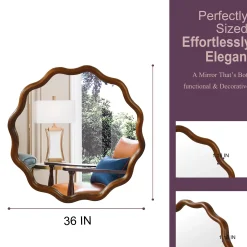 Walnut Color 36-inch Wavy Round Solid Wood Frame Decorative Mirror