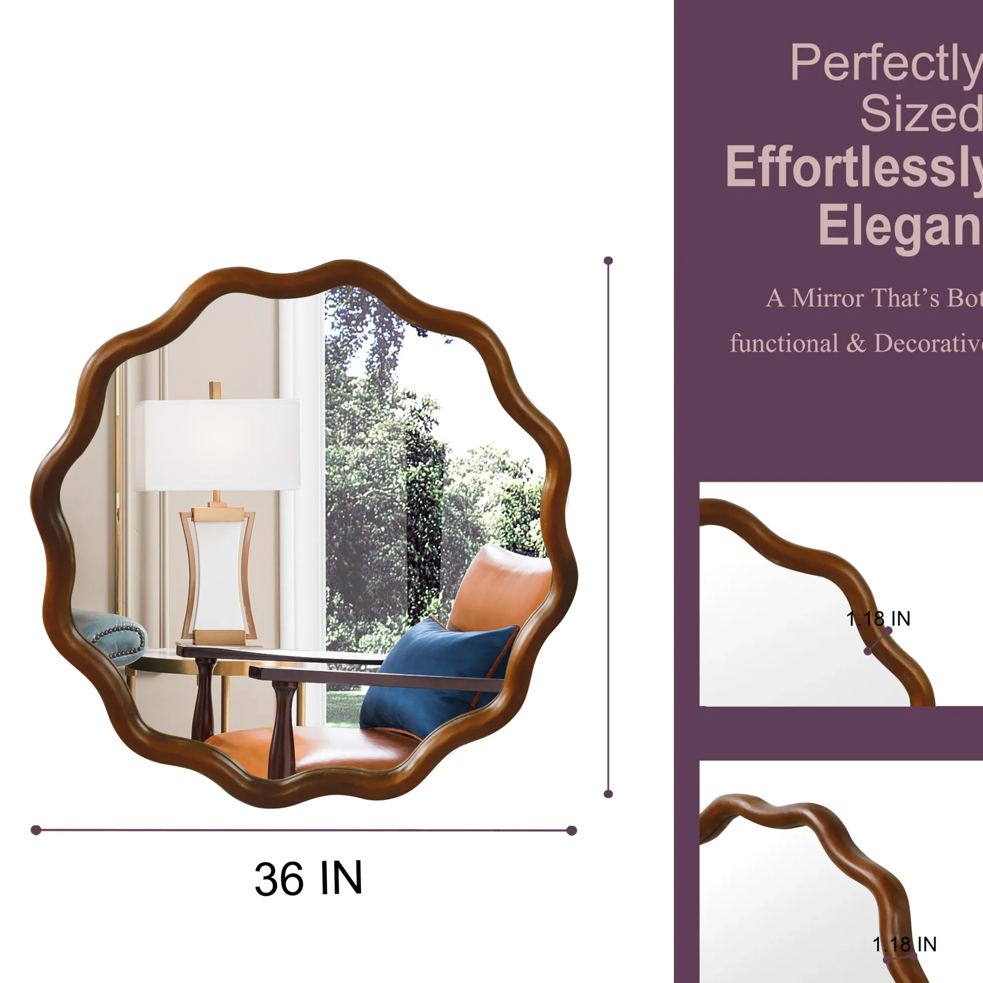 Walnut Color 36-inch Wavy Round Solid Wood Frame Decorative Mirror