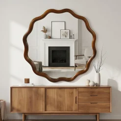 Walnut Color 36-inch Wavy Round Solid Wood Frame Decorative Mirror