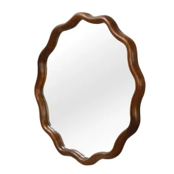 Walnut Color 36-inch Wavy Round Solid Wood Frame Decorative Mirror