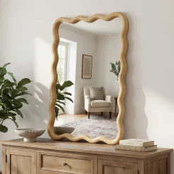 Wavy Rectangle Solid Wood Frame Decorative Mirror