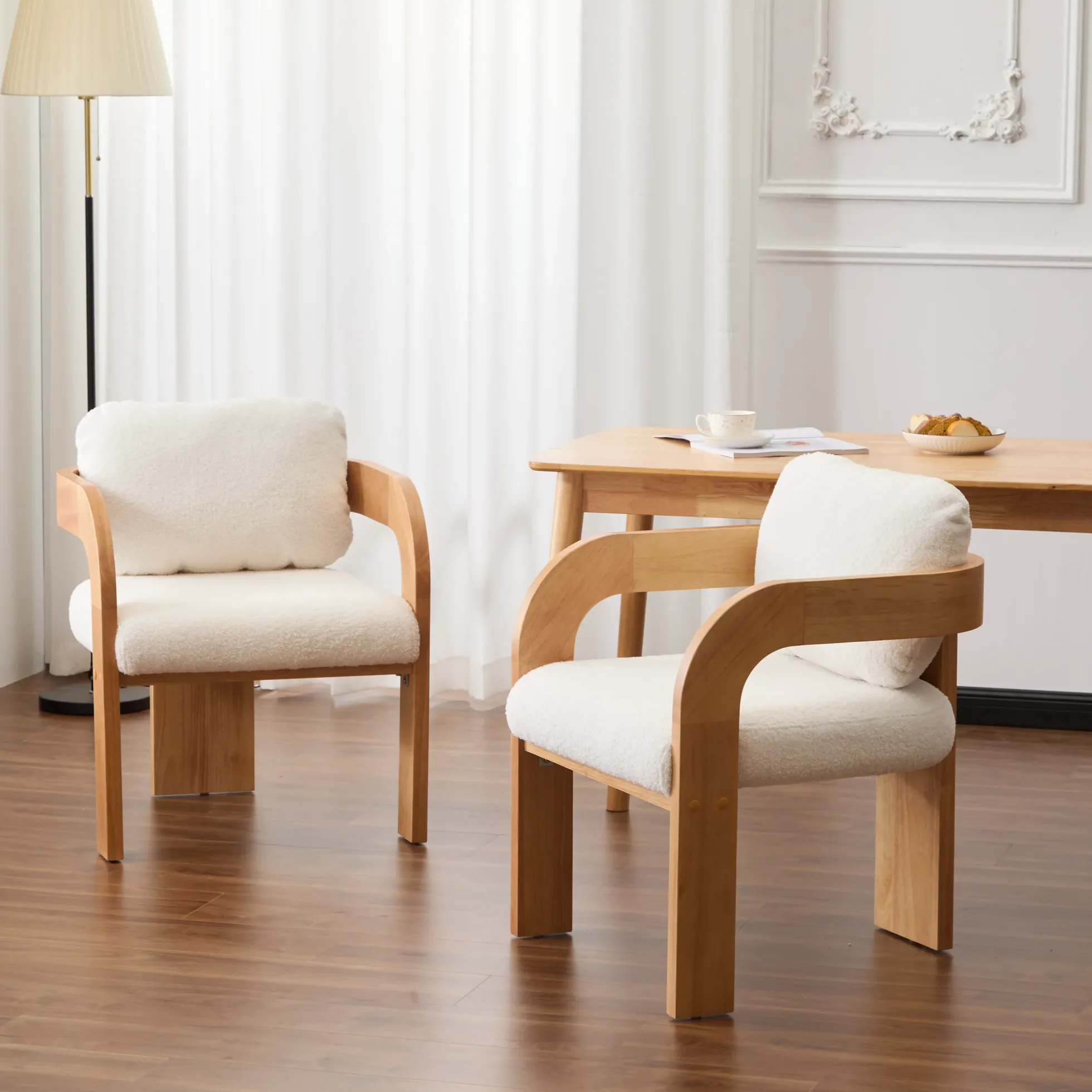 White Boucle 2 Pack Dining Chairs with Pillow Back and Solid Wood Frame