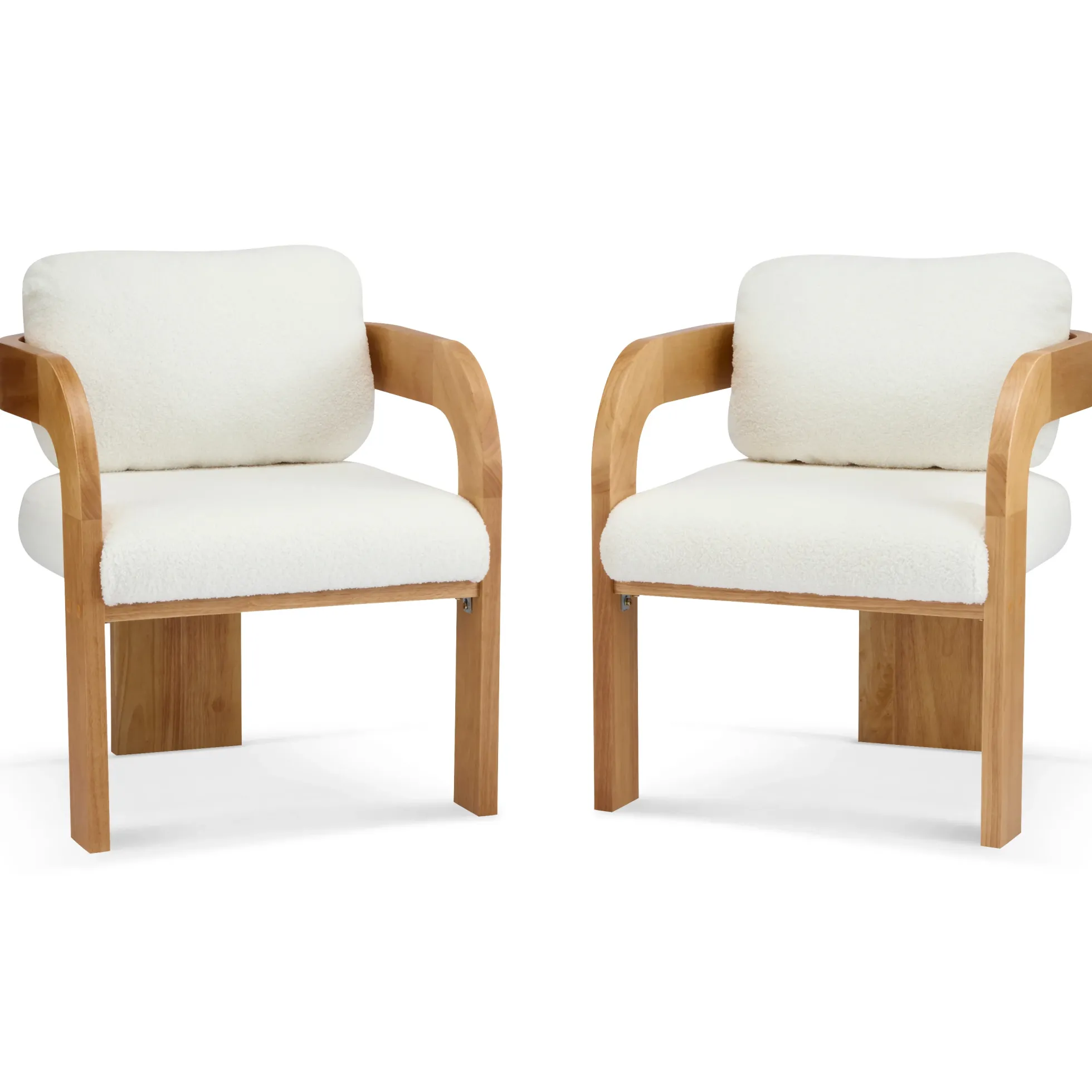 White Boucle 2 Pack Dining Chairs with Pillow Back and Solid Wood Frame