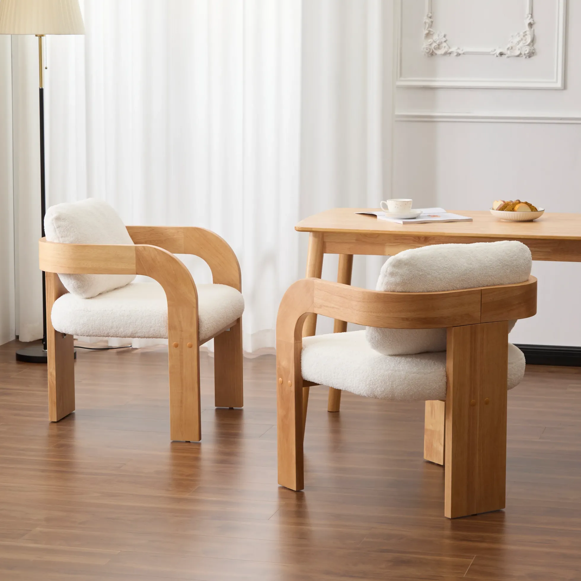 White Boucle 2 Pack Dining Chairs with Pillow Back and Solid Wood Frame