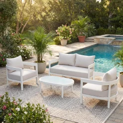 White Modern Curved Frame 4-Piece Outdoor Patio Conversation Set with Weather-Resistant Cushions