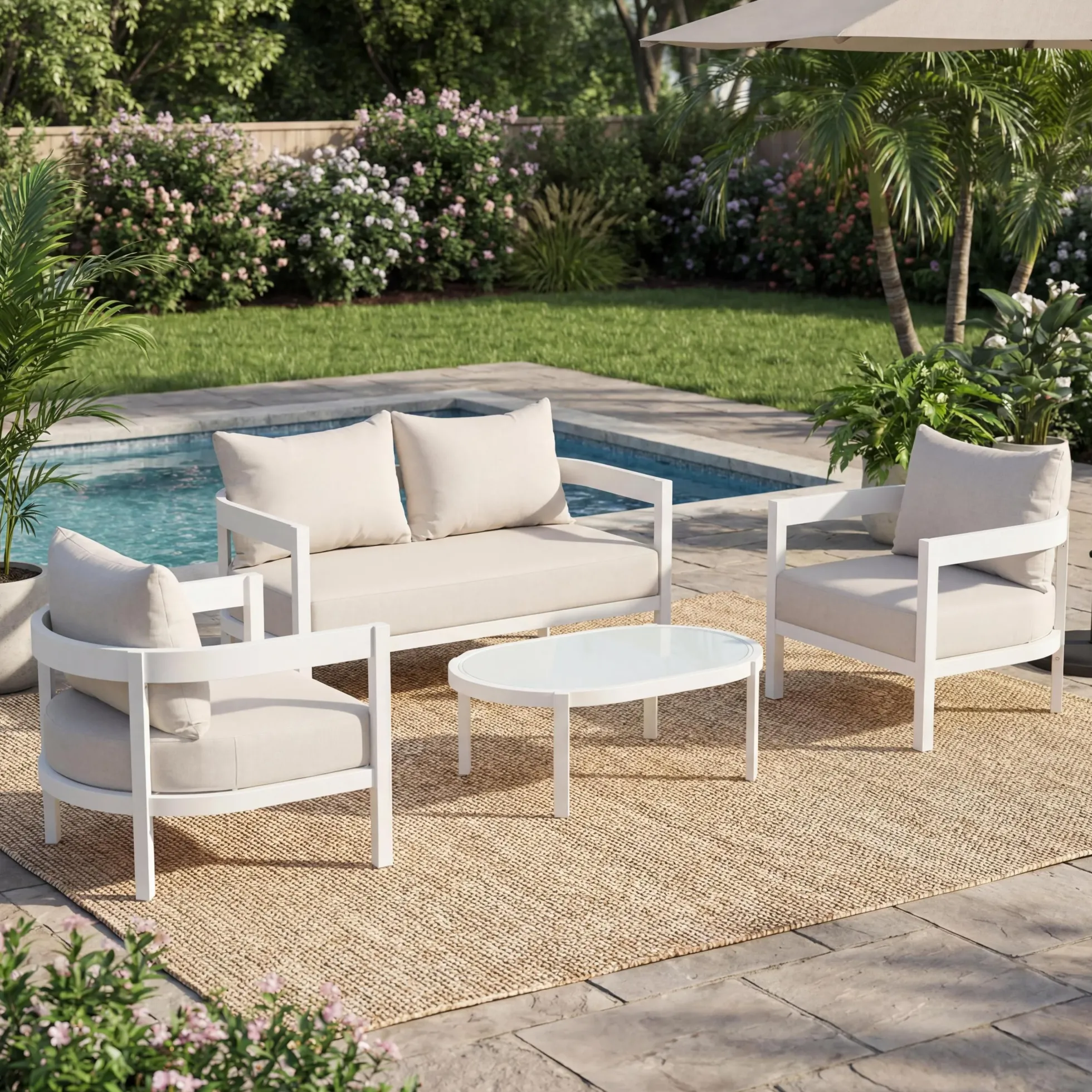 White Modern Curved Frame 4-Piece Outdoor Patio Conversation Set with Weather-Resistant Cushions