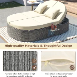 Wicker Outdoor Sun Bed Patio 2-Person Daybed with Cushions and Pillows