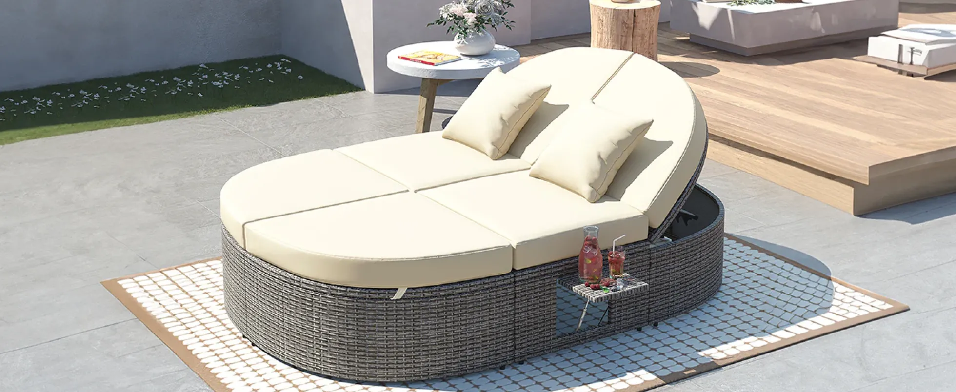 Wicker Outdoor Sun Bed Patio 2-Person Daybed with Cushions and Pillows