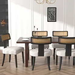 Wood and Rattan Mid Century Modern Dining Chairs Set of 2