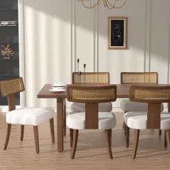 Wood and Rattan Mid Century Modern Dining Chairs Set of 2