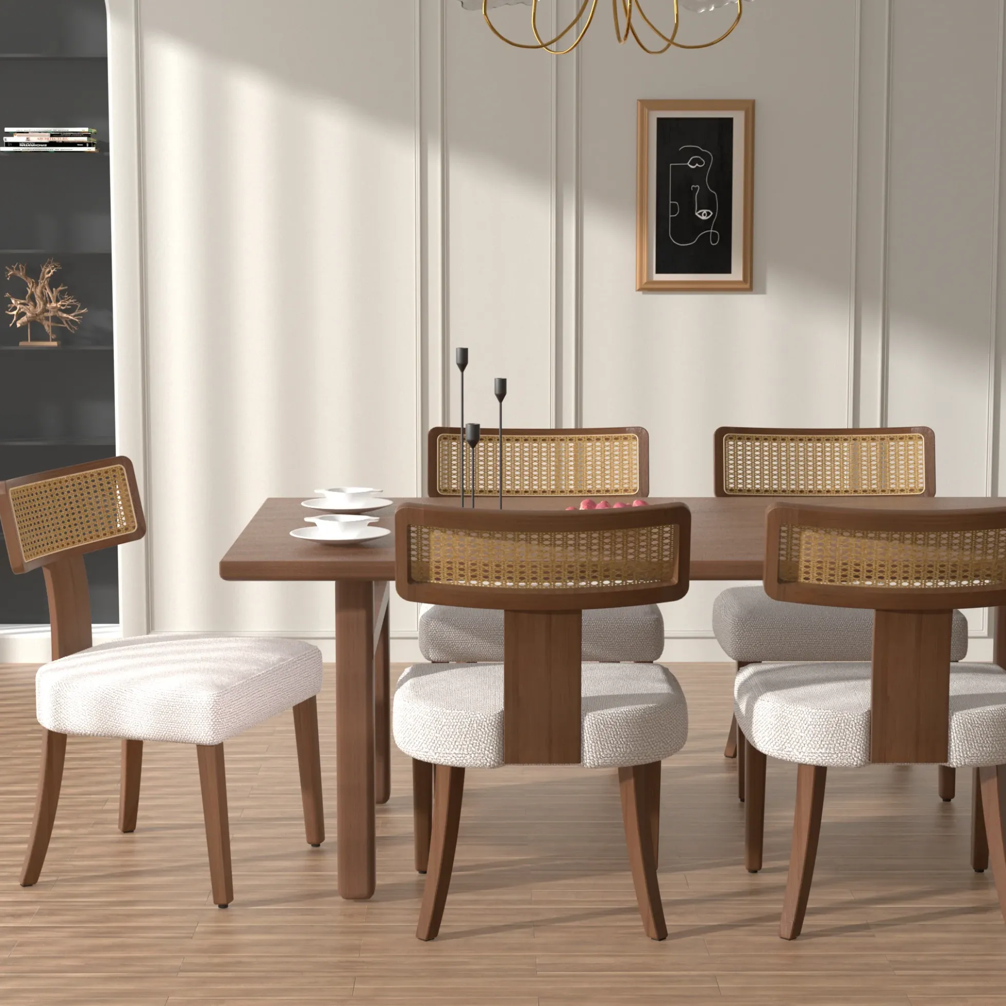 Wood and Rattan Mid Century Modern Dining Chairs Set of 2
