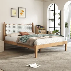 Woven White Leather Headboard Queen Pine Wood Bedframe