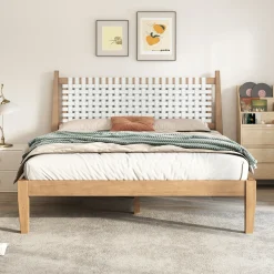 Woven White Leather Headboard Queen Pine Wood Bedframe