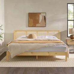Yasmina Solid Wood Rattan Paneled Platform Bed (Queen or King)