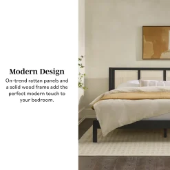 Yasmina Solid Wood Rattan Paneled Platform Bed (Queen or King)
