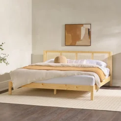 Yasmina Solid Wood Rattan Paneled Platform Bed (Queen or King)