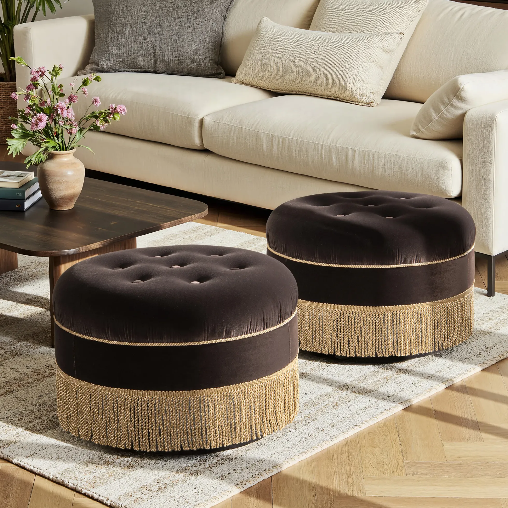 Yolanda 24' Round Upholstered Brown Accent Ottoman Performance Velvet