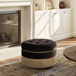 Yolanda 24' Round Upholstered Brown Accent Ottoman Performance Velvet