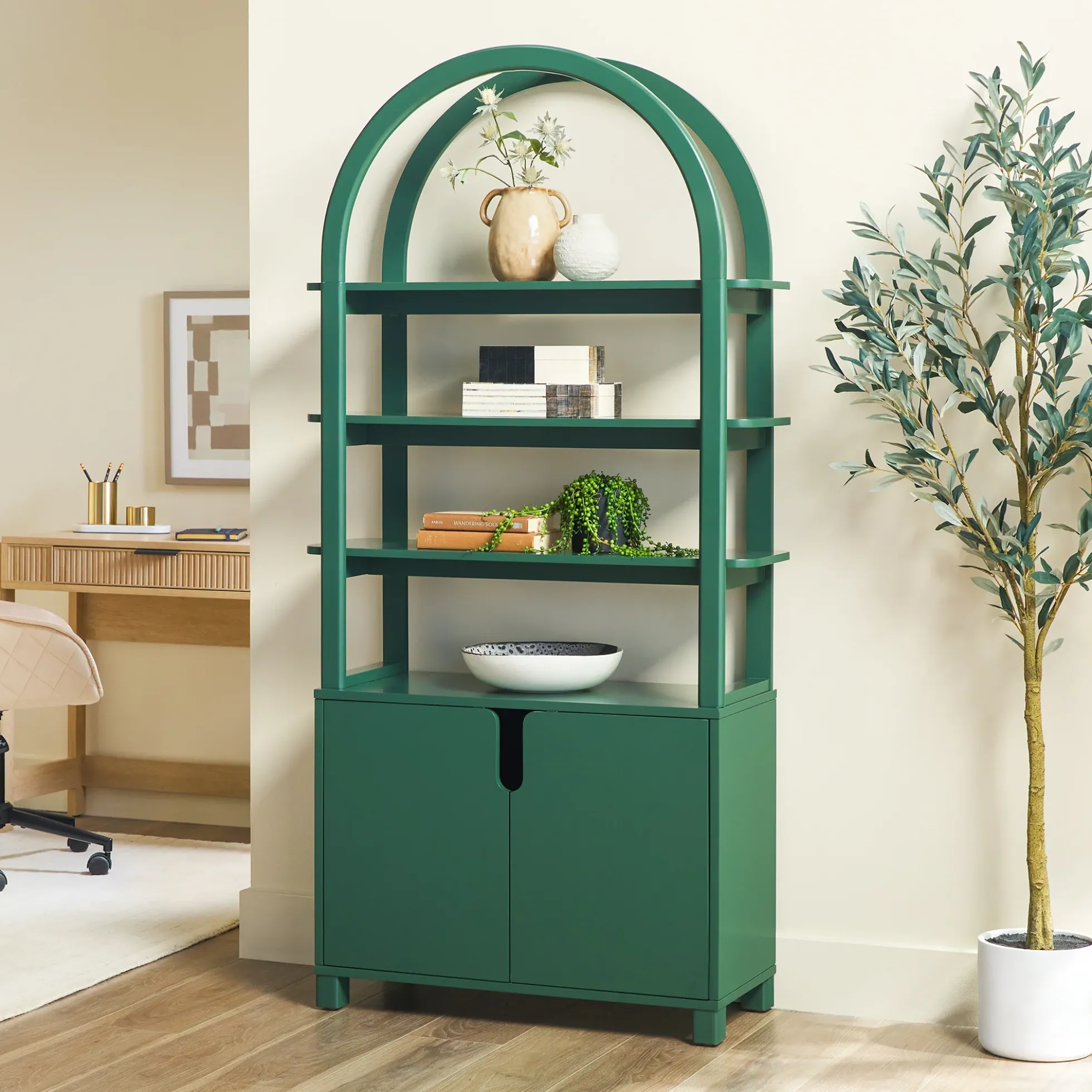 Zoey Modern Arched Wood Cabinet Storage Bookcase