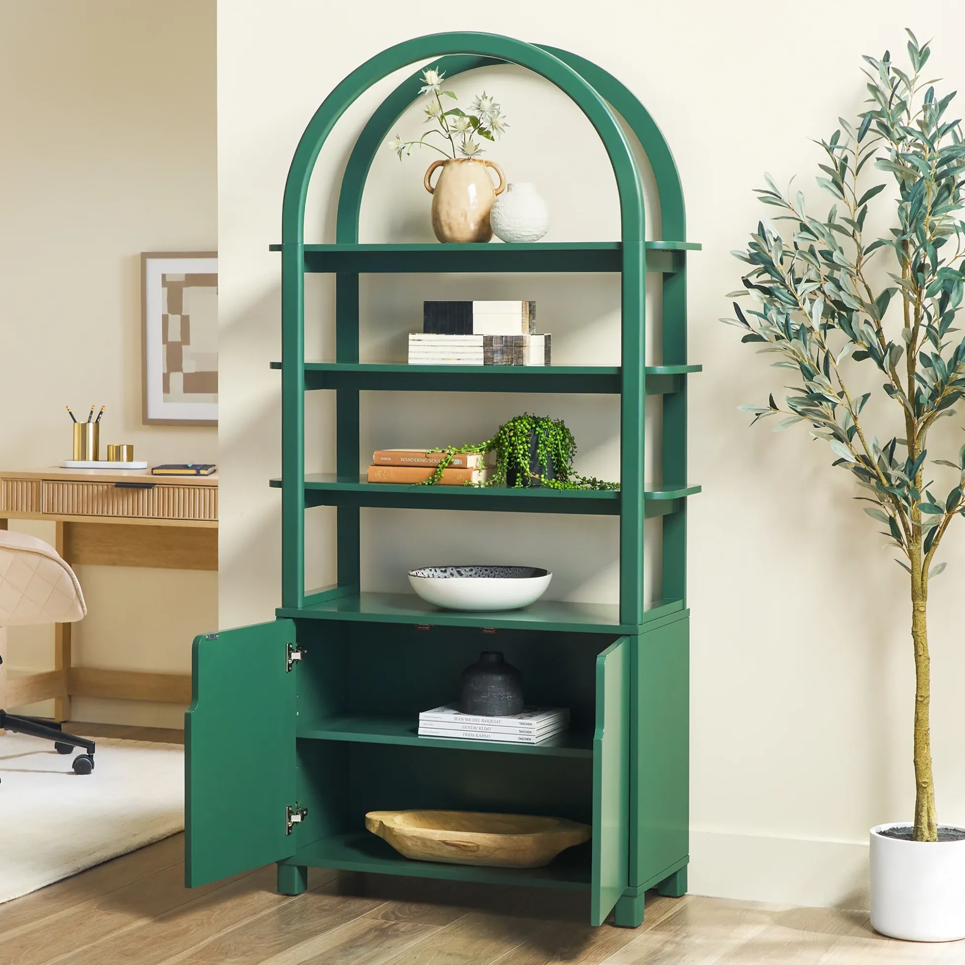 Zoey Modern Arched Wood Cabinet Storage Bookcase